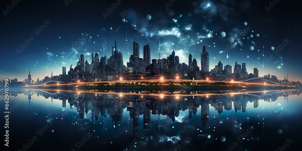 Smart city and abstract dot point connect with gradient line and aesthetic Intricate wave line design,  shining colors, big data connection technology concept  | Generative AI
