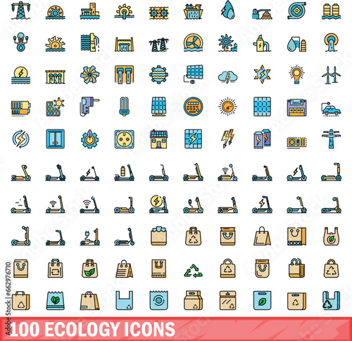 100 ecology icons set. Color line set of ecology vector icons thin line color flat on white