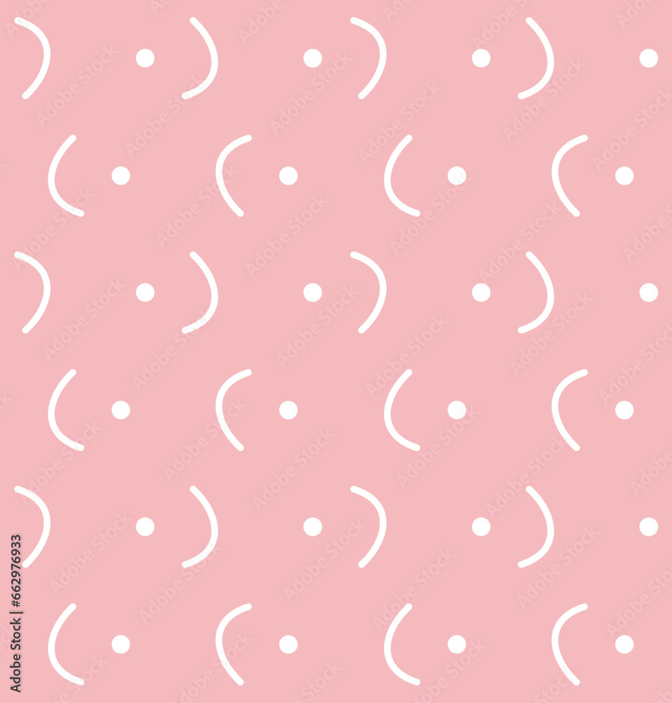 Vector seamless pattern of abstract dots and lines isolated on pink background