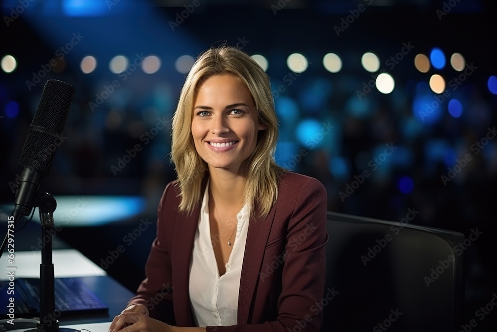 A blonde girl in a suit is a young announcer sitting near the microphone looking into the camera and smiling - obrazy, fototapety, plakaty 