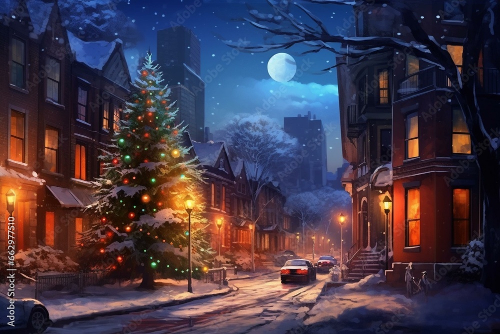 an enchanting christmas evening in the urban landscape with a festive tree, illuminated decorations, and a radiant moon in the sky. Generative AI