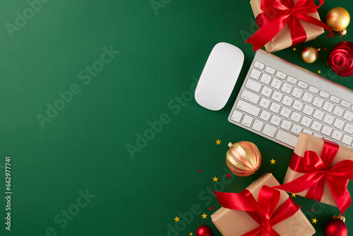 Finding festive gifts with just a few clicks. Top view shot of computer mouse, keyboard, gift boxes, christmas ornaments, gold stars on green background with promo area