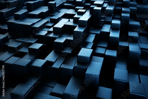 Interlocking 3D blocks form a wall on black tech backdrop. Copy-space available. Generative AI