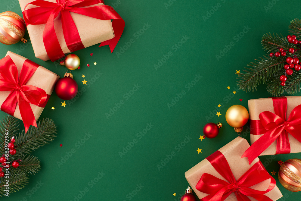 Trendy Christmas gift suggestions. Top view of fir twigs, gift boxes with red ribbons, сhristmas balls, stars on green background with promo spot