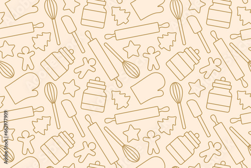seamless christmas pattern with baking gingerbread cookies icons- vector illustration
