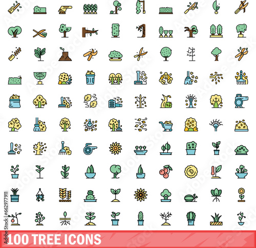 100 tree icons set. Color line set of tree vector icons thin line color flat on white