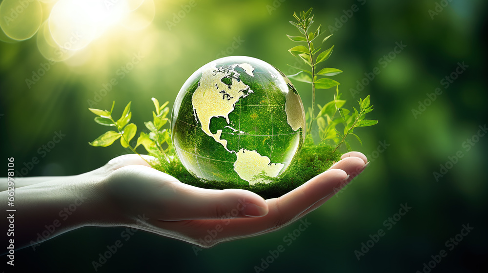 Hand hold and protect the world with a green leaves around as symbol for sustainable developmen and responsible environmental and energy sources for renewable - obrazy, fototapety, plakaty 