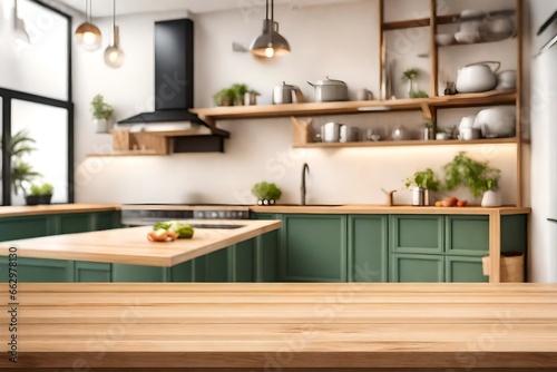 Wooden table top on blur kitchen room background,Modern Contemporary green kitchen room interior