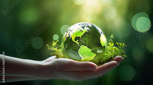 Hand hold and protect the world with a green leaves around as symbol for sustainable developmen and responsible environmental and energy sources for renewable photo