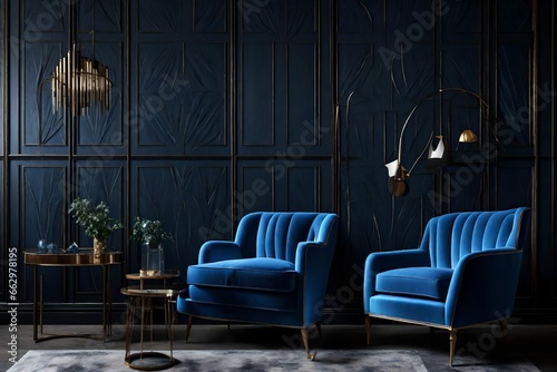 Blue sofa and armchair against black paneling wall. Art deco home interior design of modern living room