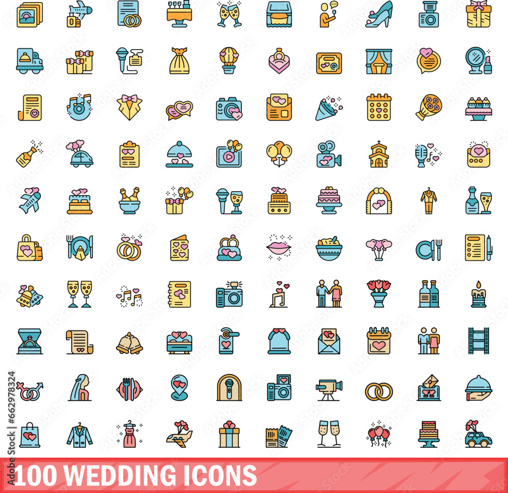 100 wedding icons set. Color line set of wedding vector icons thin line color flat on white 100 wedding icons set. Color line set of wedding vector icons thin line color flat on white