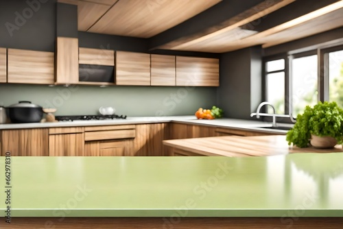 Wooden table top on blur kitchen room background,Modern Contemporary green kitchen room interior © Nabeel
