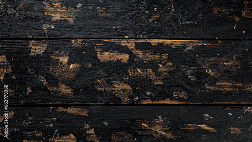 Surface of old dark painted wood: scratched wood plank with rustic charm