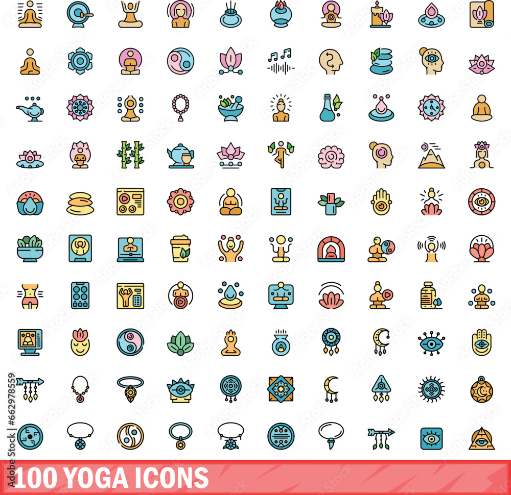 100 yoga icons set. Color line set of yoga vector icons thin line color flat on white 100 yoga icons set. Color line set of yoga vector icons thin line color flat on white