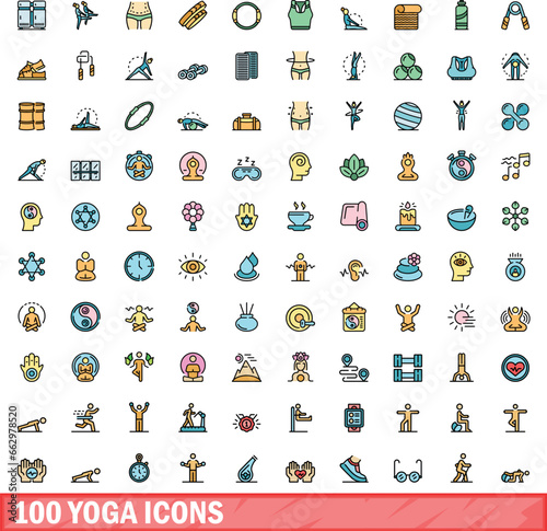 100 yoga icons set. Color line set of yoga vector icons thin line color flat on white