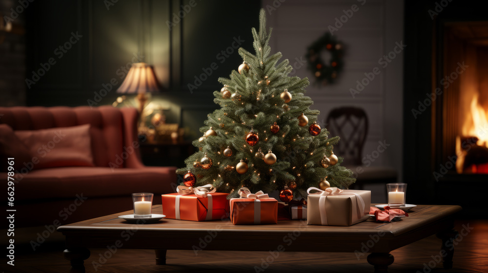 Christmas tree with gifts in living room, wrapped colorful boxes on the floor, Christmas interior