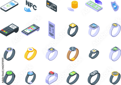 Payment with smart watches icons set isometric vector. Nfc reader. Smart digital store photo