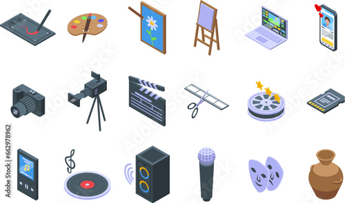 Multimedia artist icons set isometric vector. Computer making. Video visual content