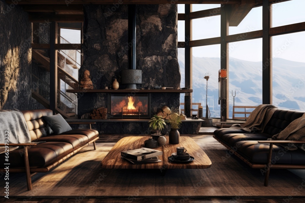 Cozy Mountain Retreat: Spacious Wooden Living Room with Large Windows Overlooking Serene Landscape, Warm Fireplace, and Stylish Modern Furniture, Wood Coffee Table