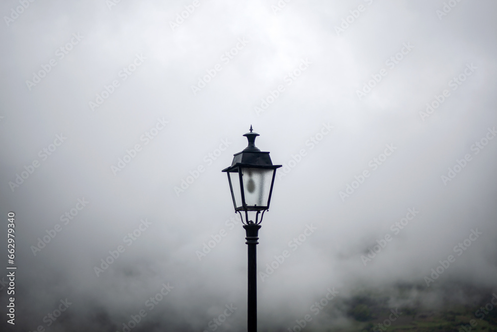 A streetlight in the middle of the fog