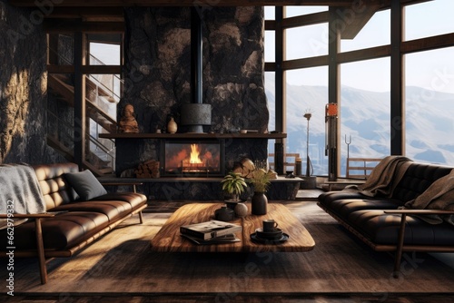 Cozy Mountain Retreat  Spacious Wooden Living Room with Large Windows Overlooking Serene Landscape  Warm Fireplace  and Stylish Modern Furniture  Wood Coffee Table