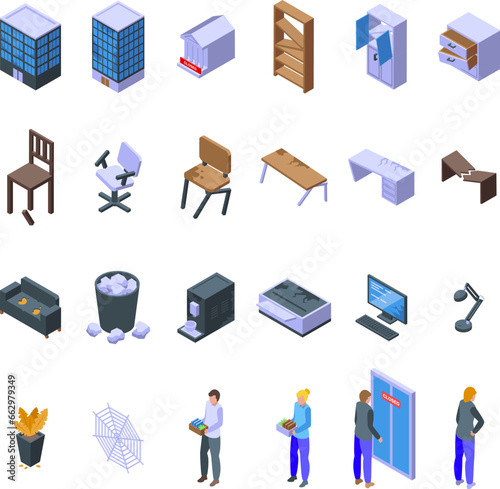 Abandoned office icons set isometric vector. Broken service. Service furniture