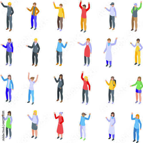 People gesturing hi icons set isometric vector. Hello waving. Welcome student say