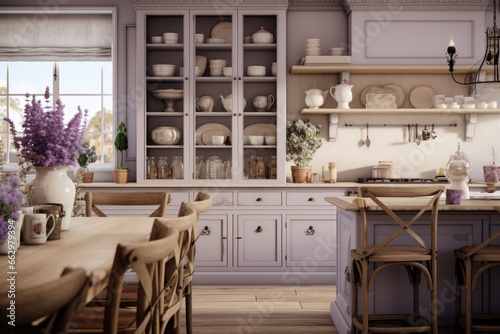 Elegant Rustic Kitchen with Lavender Accents, Wooden Dining Table, White Cabinetry, and Ceramic Dishware Displayed on Shelves