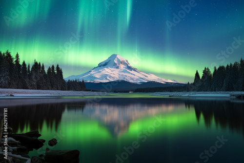 Aurora Borealis Over Mt. Hood: Nature's Luminous Dance at Night