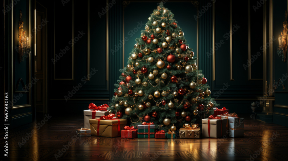 Christmas tree with gifts in living room, wrapped colorful boxes on the floor, Christmas interior