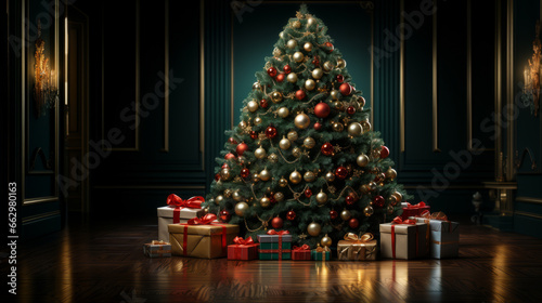 Christmas tree with gifts in living room, wrapped colorful boxes on the floor, Christmas interior