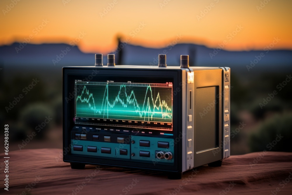 A device for measuring vibration waves and oscillations in the desert. Background with selective focus and copy space - obrazy, fototapety, plakaty 