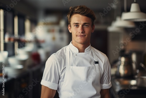 Male assistant chef. Career start concept. Portrait with selective focus and copy space