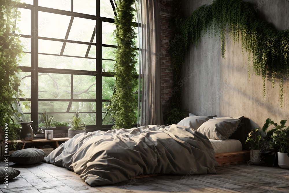 Interior of modern bedroom with green plants. 3D Rendering