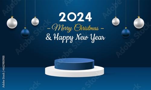 Merry Christmas banner with product display cylindrical shape and blue baubles. Minimal scene for new year. Stage showcase, Promotion products display. Vector abstract room, geometric forms