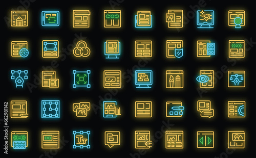 Interface designer icons set outline vector. Person system. Computer designer neon color on black