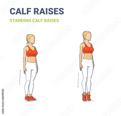 Girl doing Calf Raises Exercise. Woman Home Workout Guidance