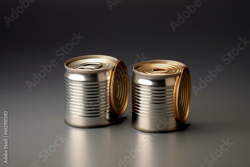 Pair of small metal cans on plain backdrop. Generative AI