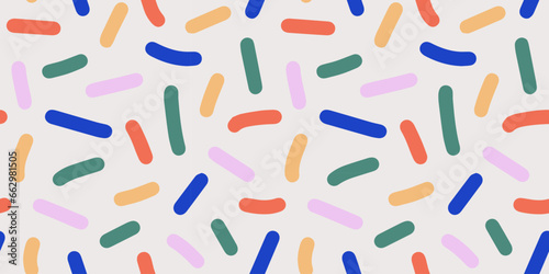 Doodle abstract background with rainbow colors confetti or sugar sprinkles. Funky seamless pattern. Multi colored festive backdrop. Pop art style textures. Vector design layout for banner