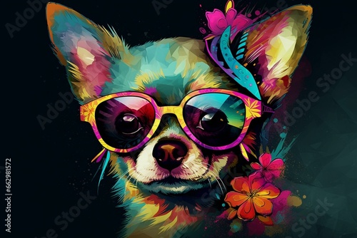 Chic chihuahua art: vibrant digital wallpaper showcasing fashionable animal illustration. Generative AI