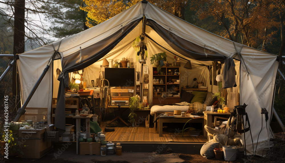 Comfortable camping tent in a modern home interior surrounded by nature generated by AI