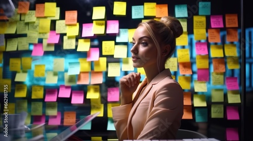 businesswoman working with brainstorming board full of sticky note from colleague	