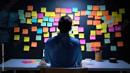 businessman working with brainstorming board full of sticky note from colleague	