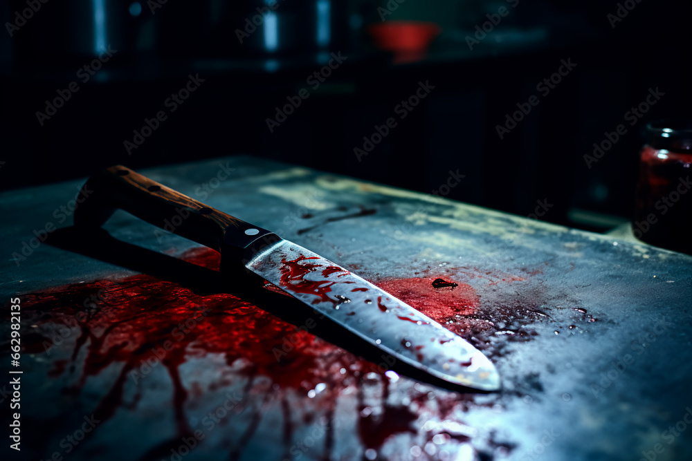 Scary conceptual image of a bloody knife on the table. The concept of committed murder, crime	 - obrazy, fototapety, plakaty 