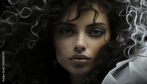 Beautiful woman with curly hair looking at camera, exuding sensuality generated by AI
