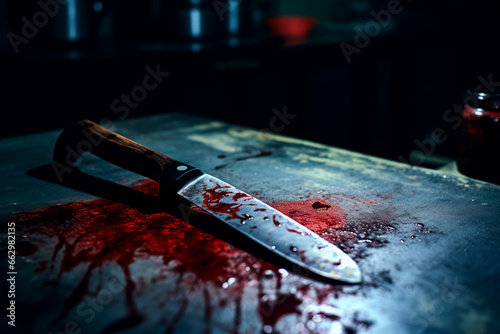 Scary conceptual image of a bloody knife on the table. The concept of committed murder, crime 
