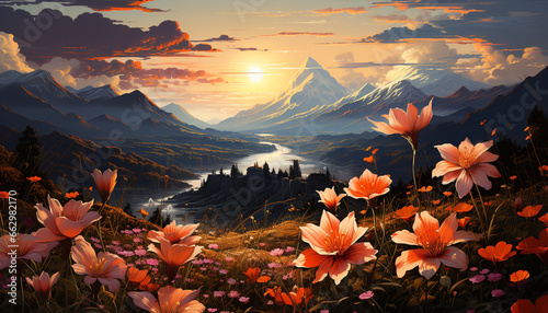 Majestic mountain peak, vibrant sunset, meadow of colorful flowers generated by AI