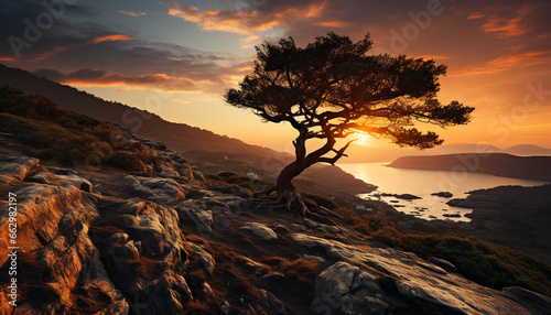 Sunset over the tranquil coastline, a silhouette of a pine tree generated by AI © djvstock