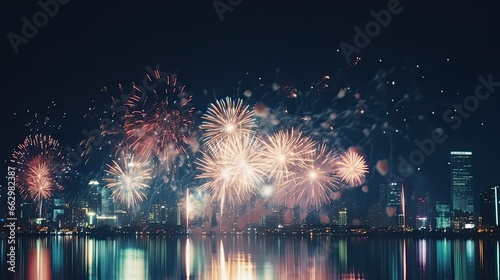 Multicolor fireworks explosion in night sky. Defocused night city background.
