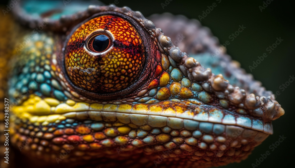 Fototapeta premium Green lizard spotted head, close up portrait in tropical rainforest generated by AI